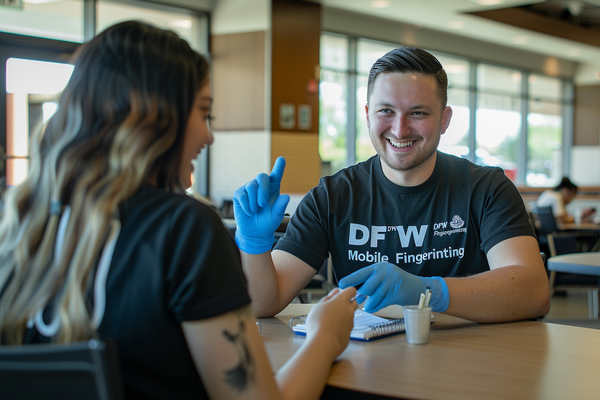 Mobile fingerprinting technician assisting client at cafeteria table in Dallas-Fort Worth area