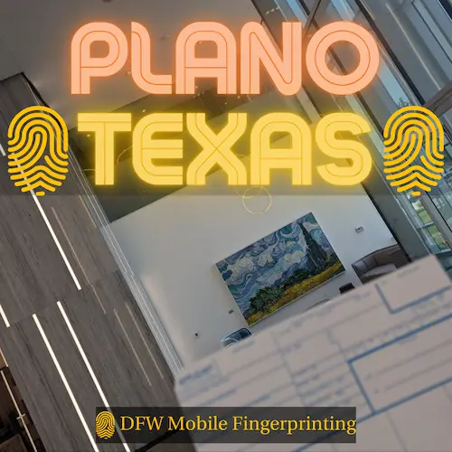 Professional mobile fingerprinting services in Legacy Drive Plano business district with corporate headquarters and DFW Mobile Fingerprinting equipment setup