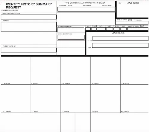 FBI Identity History Summary Request FD-1164 fingerprint card form Dallas Fort Worth mobile service