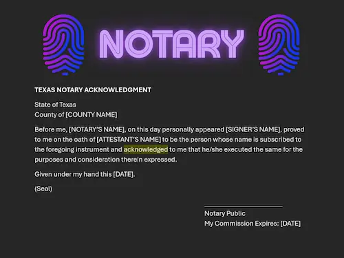 Professional notary services for acknowledgment statements in Irving TX with notary seal and document