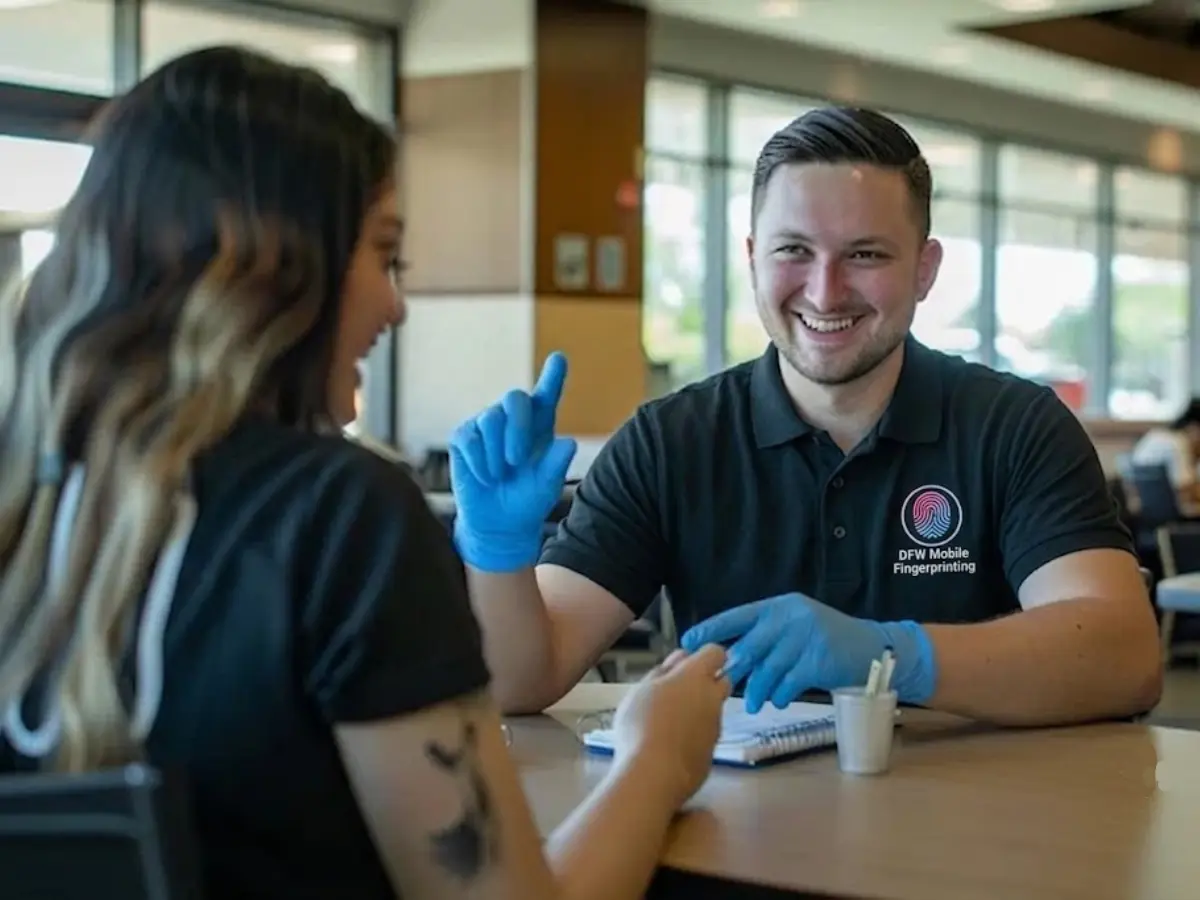 DFW Mobile Fingerprinting technician wearing gloves takes a client's fingerprints at a table during an on-location appointment in the Dallas-Fort Worth area